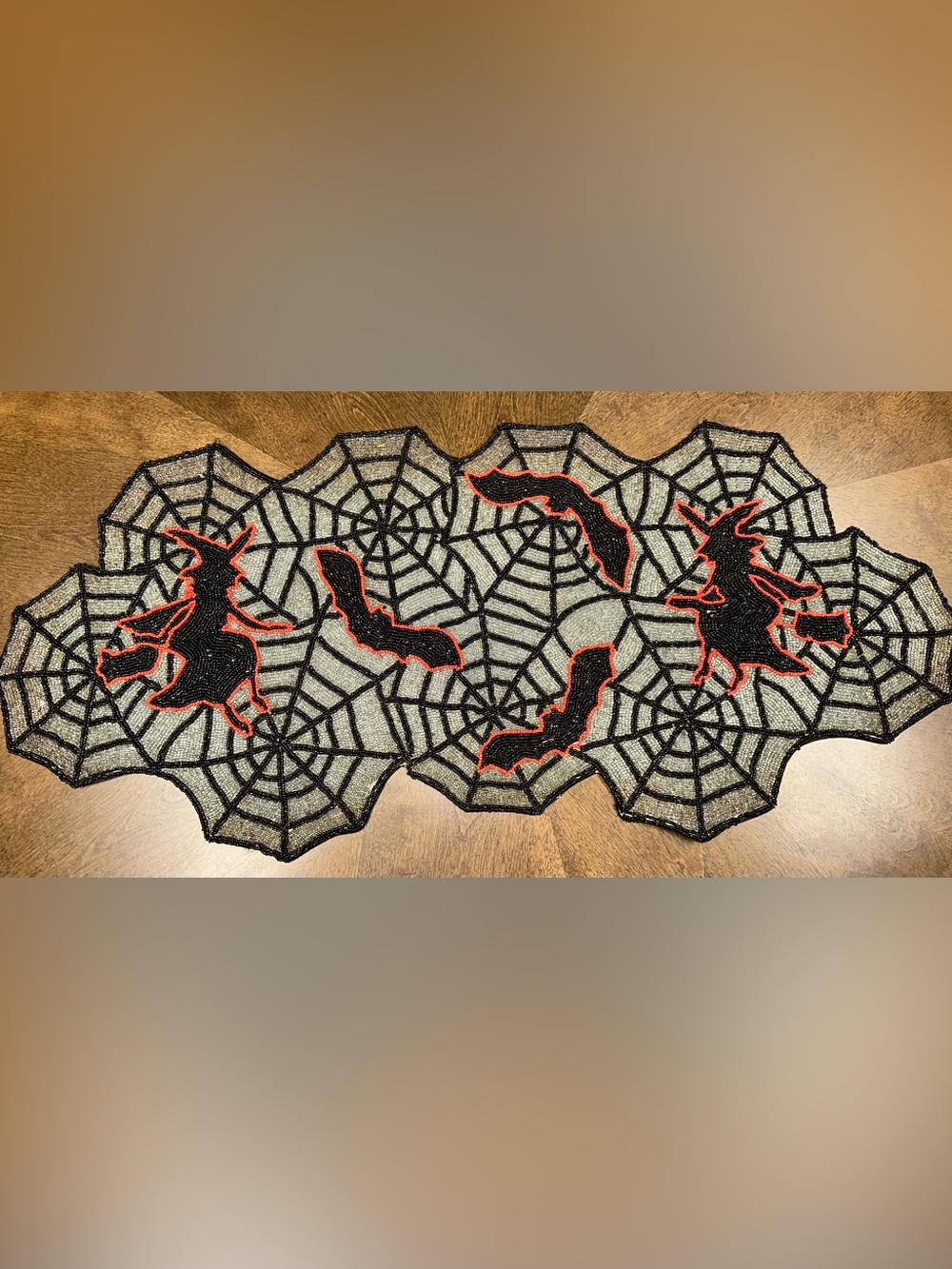 Halloween Beaded Table Runner 36”Witches Bats Excellent Condition!